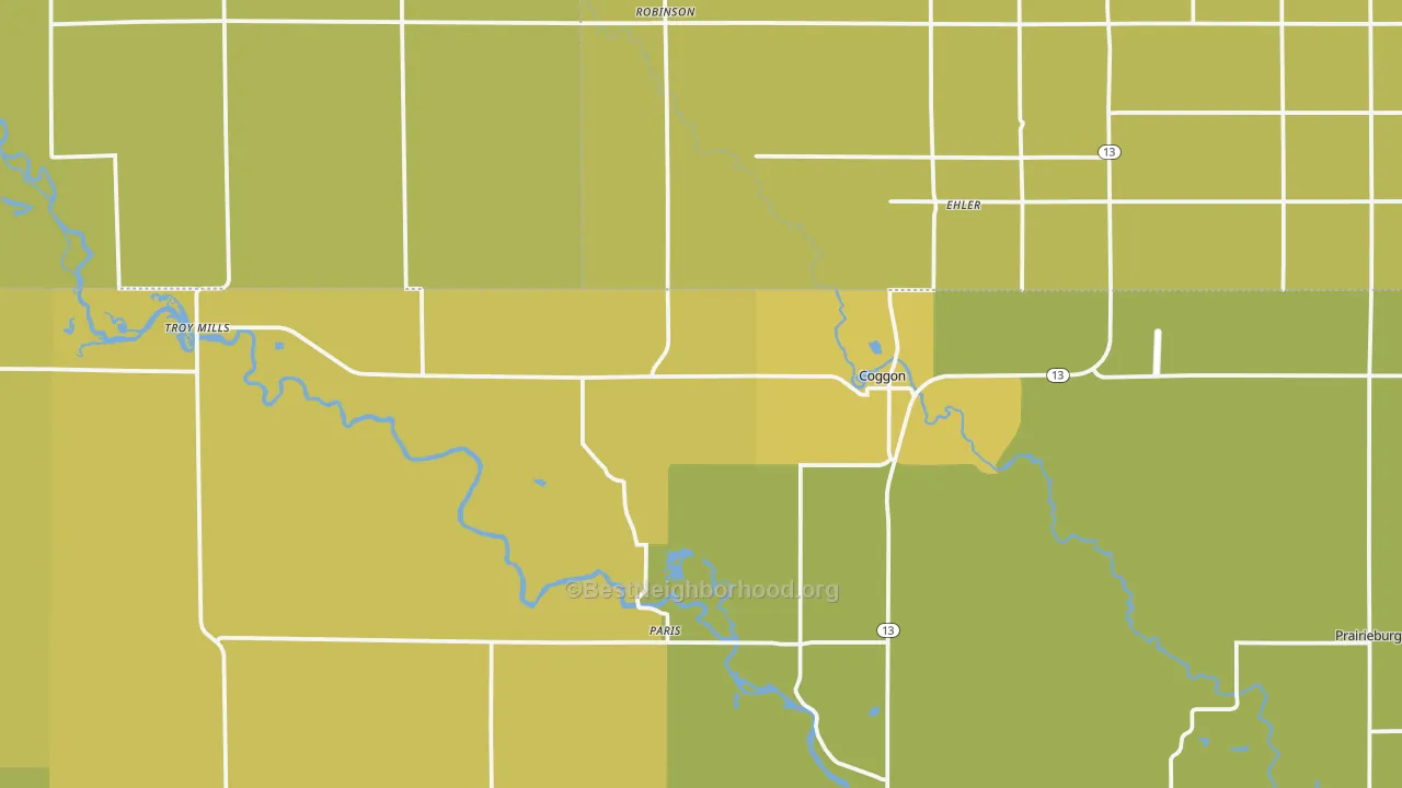 Map of the best neighborhoods in the Coggon area, with better matches in green and worse matches in red