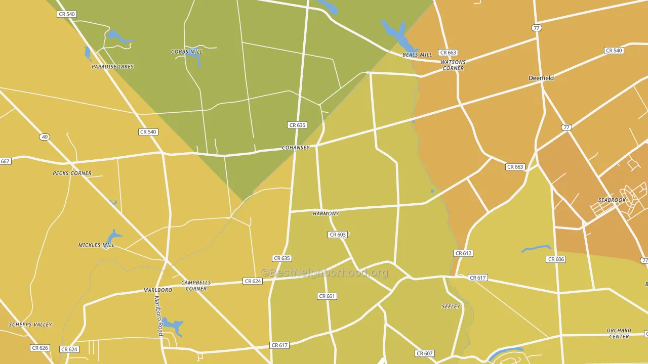 Map of the best neighborhoods in the Cohansey area, with better matches in green and worse matches in red