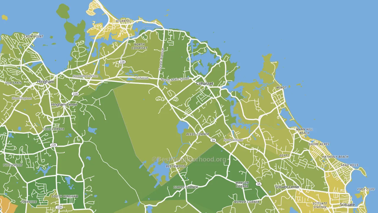 Map of the best neighborhoods in the Cohasset area, with better matches in green and worse matches in red