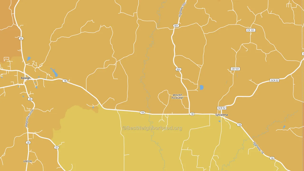 Map of the best neighborhoods in the Cohay area, with better matches in green and worse matches in red
