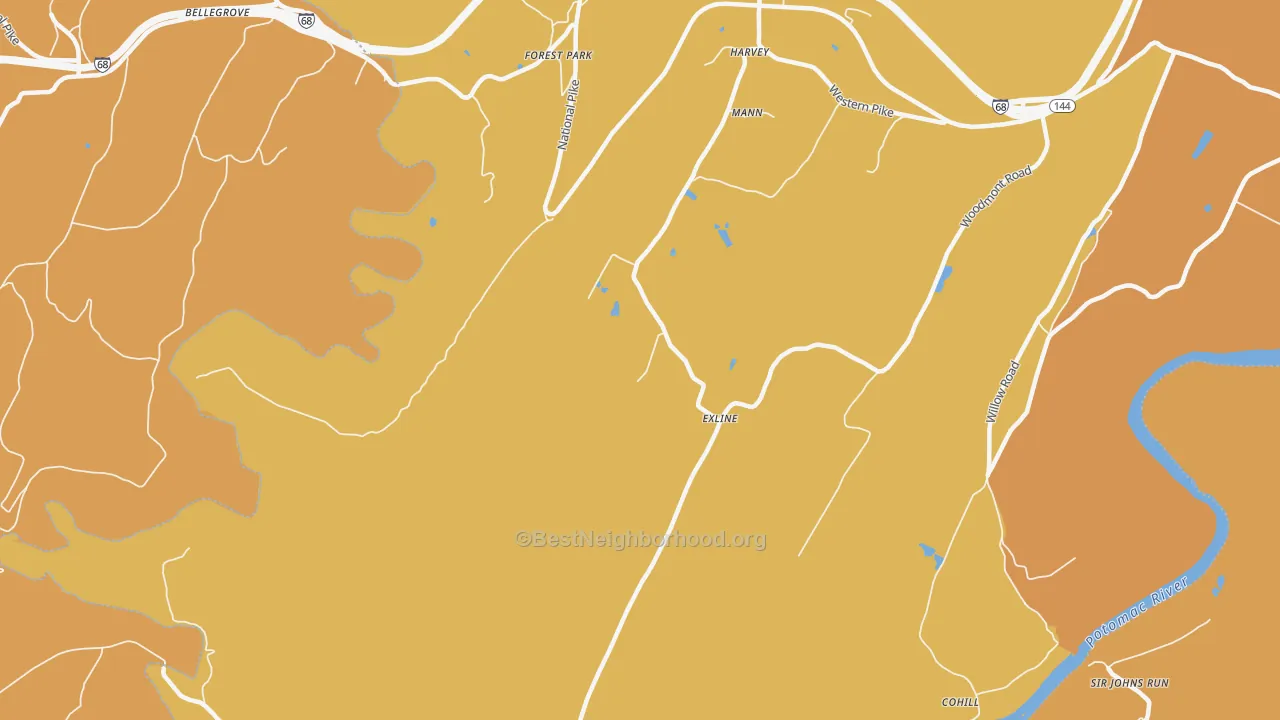 Map of the best neighborhoods in the Cohill area, with better matches in green and worse matches in red