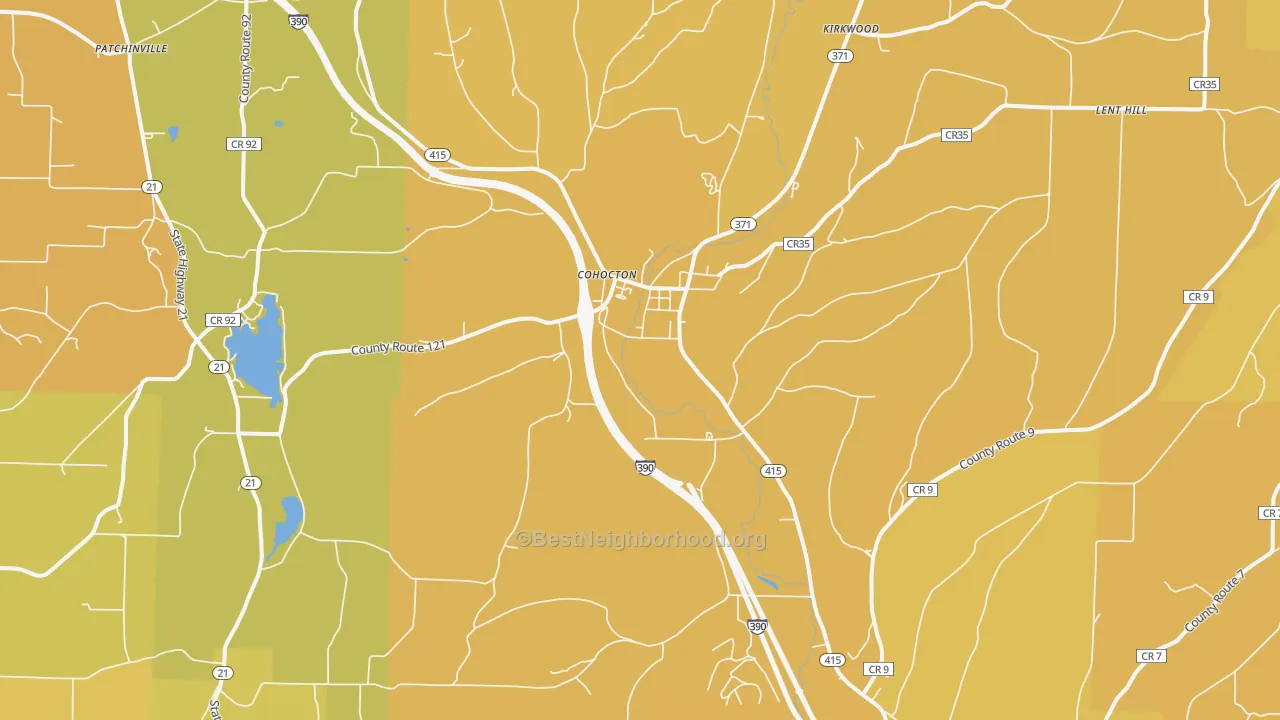 Map of the best neighborhoods in the Cohocton area, with better matches in green and worse matches in red