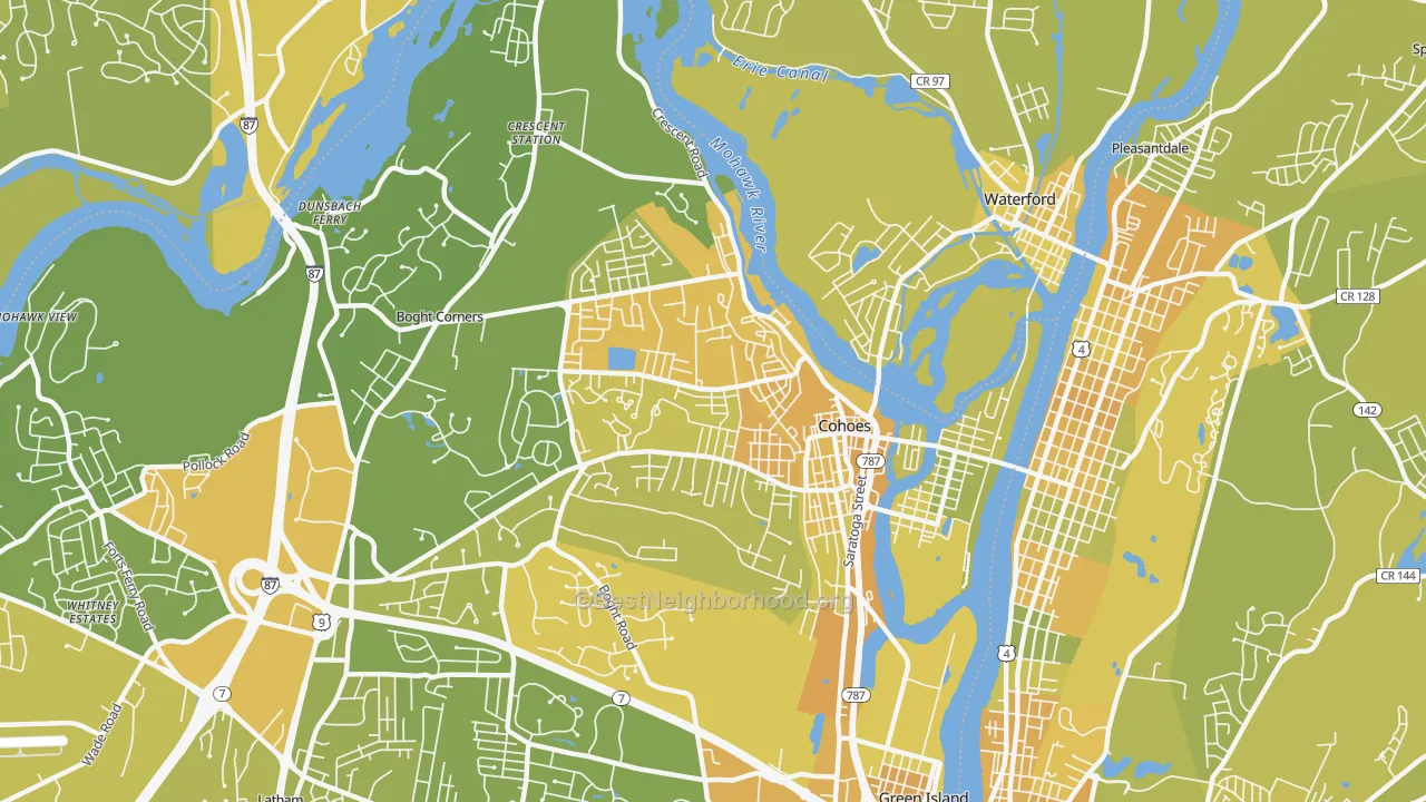 Map of the best neighborhoods in the Cohoes area, with better matches in green and worse matches in red