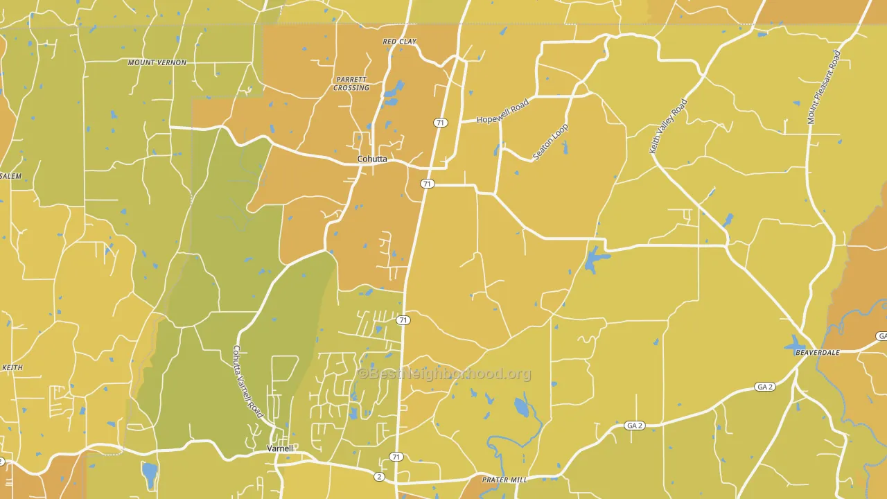 Map of the best neighborhoods in the Cohutta area, with better matches in green and worse matches in red