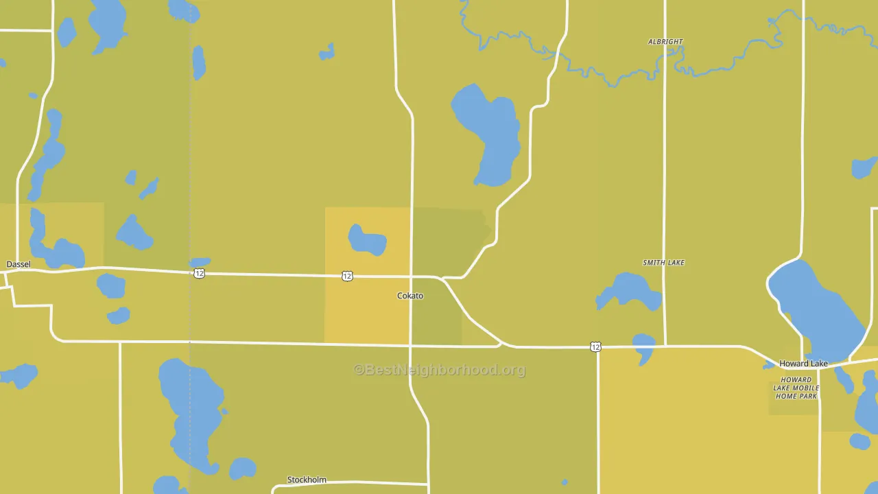 Map of the best neighborhoods in the Cokato area, with better matches in green and worse matches in red