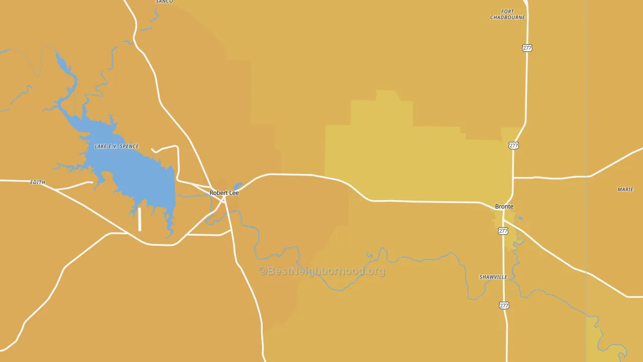 Map of the best neighborhoods in the Coke County area, with better matches in green and worse matches in red