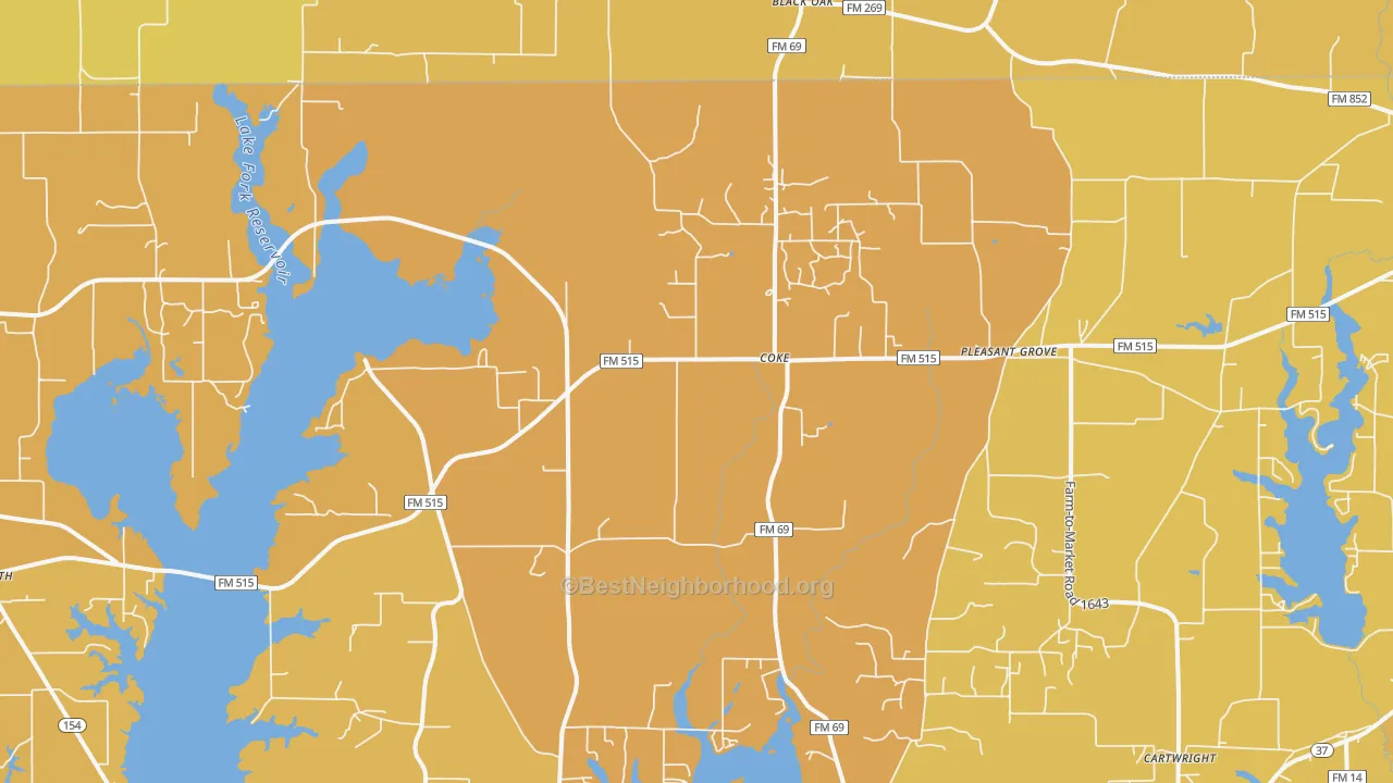 Map of the best neighborhoods in the Coke area, with better matches in green and worse matches in red