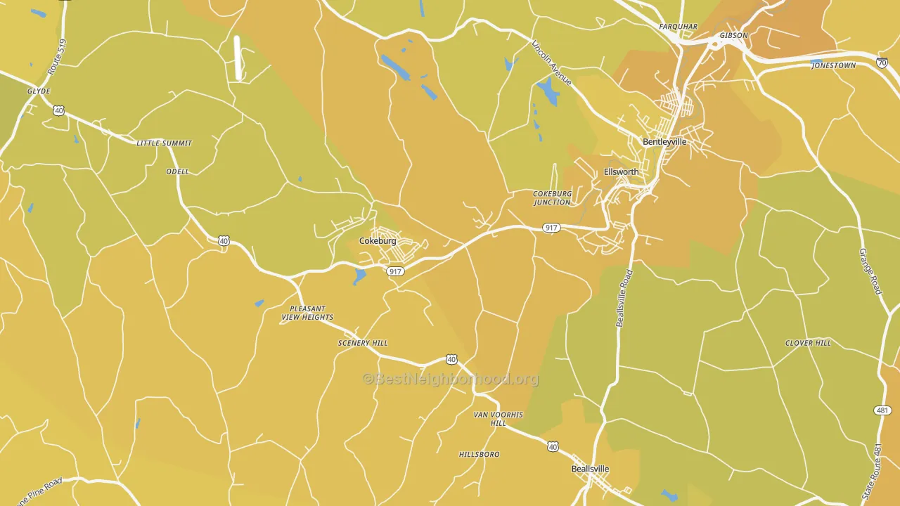 Map of the best neighborhoods in the Cokeburg area, with better matches in green and worse matches in red