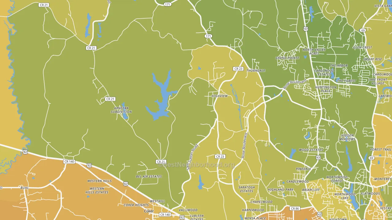 Map of the best neighborhoods in the Coker area, with better matches in green and worse matches in red