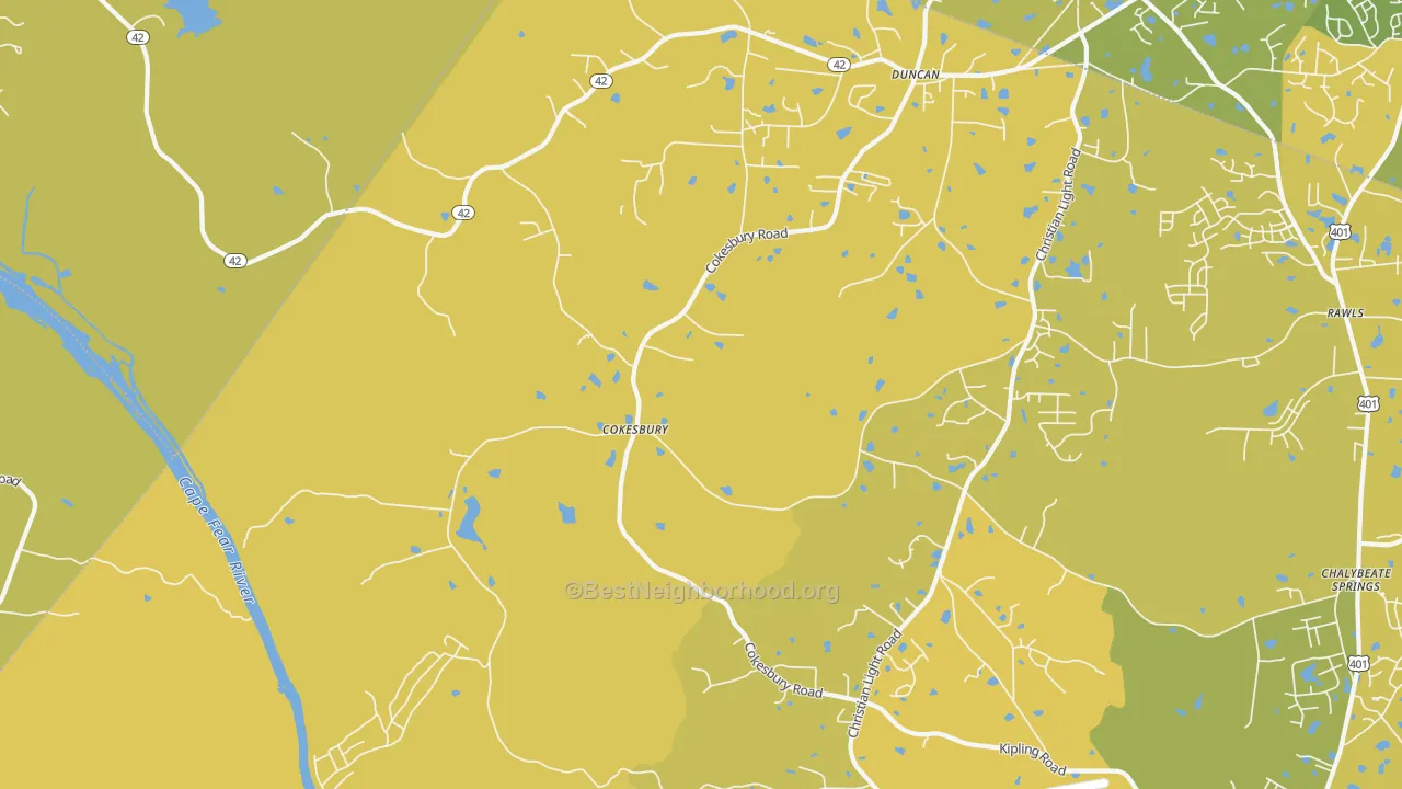 Map of the best neighborhoods in the Cokesbury area, with better matches in green and worse matches in red