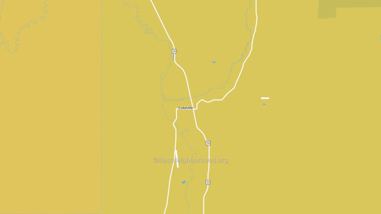 Map of the best neighborhoods in the Cokeville area, with better matches in green and worse matches in red