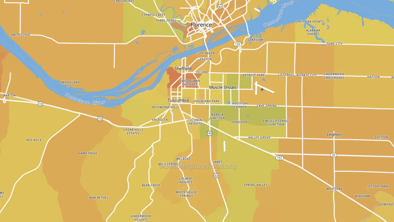 Map of the best neighborhoods in the Colbert County area, with better matches in green and worse matches in red