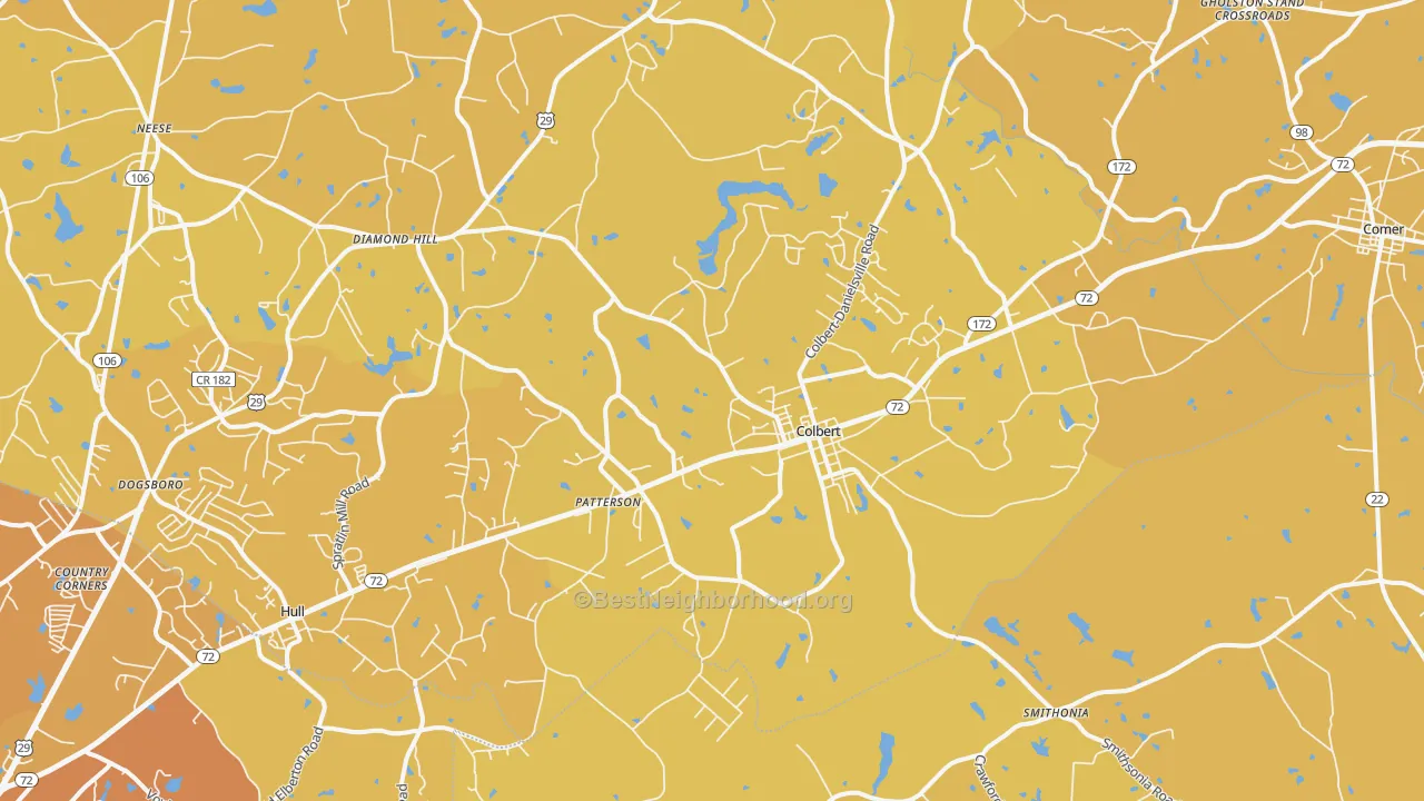 Map of the best neighborhoods in the Colbert area, with better matches in green and worse matches in red