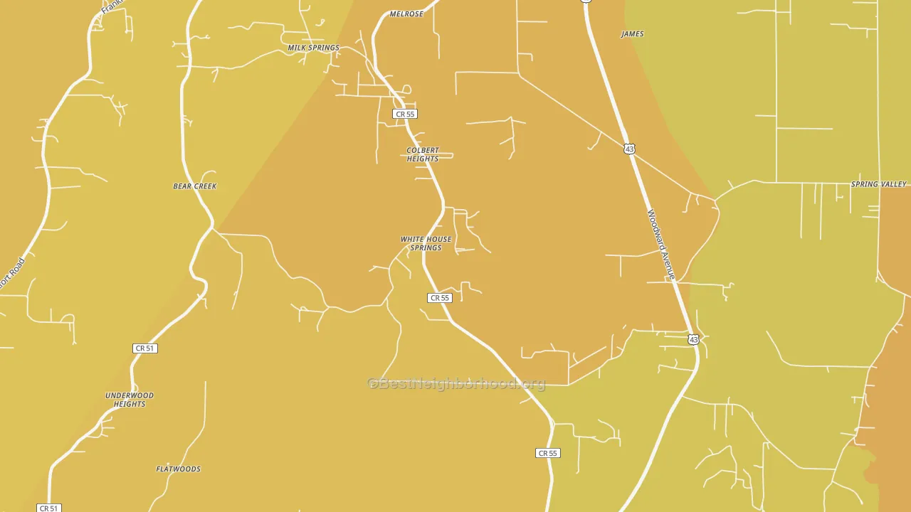 Map of the best neighborhoods in the Colbert Heights area, with better matches in green and worse matches in red