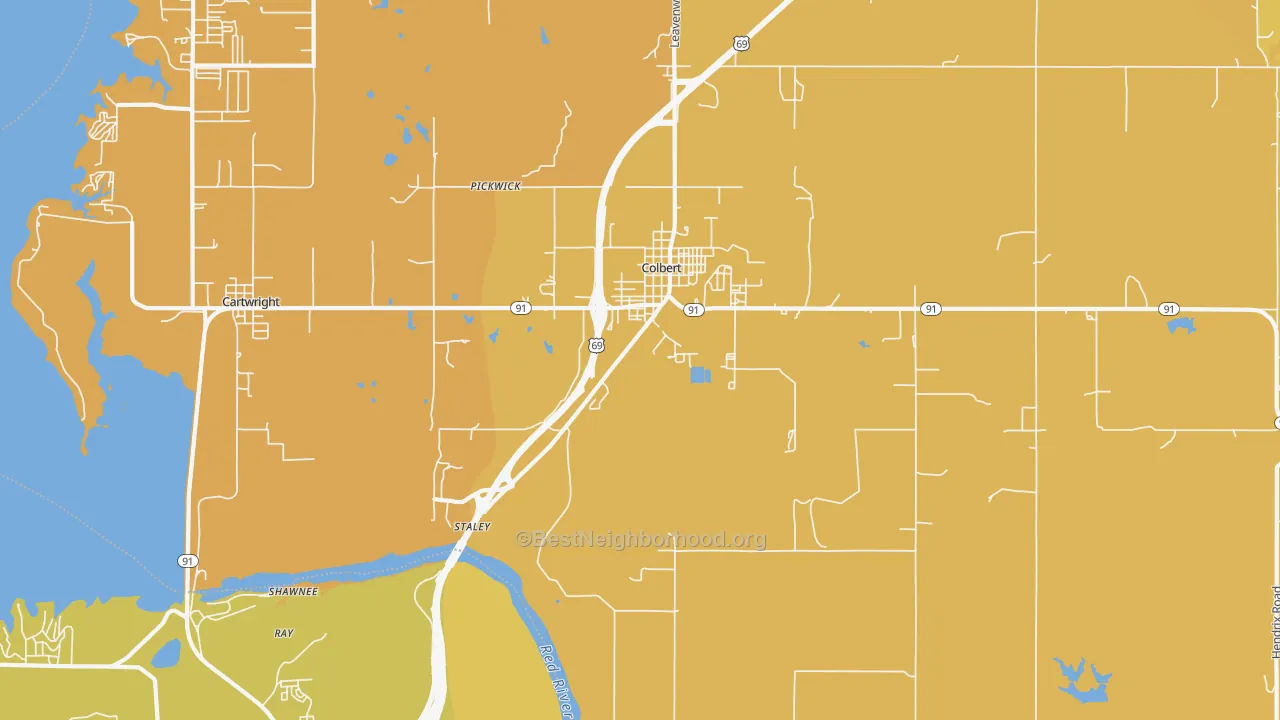 Map of the best neighborhoods in the Colbert area, with better matches in green and worse matches in red