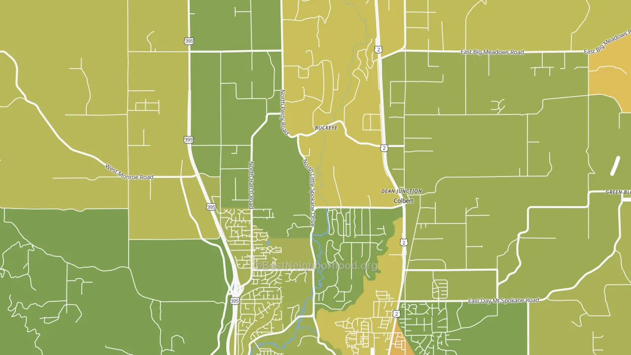 Map of the best neighborhoods in the Colbert area, with better matches in green and worse matches in red