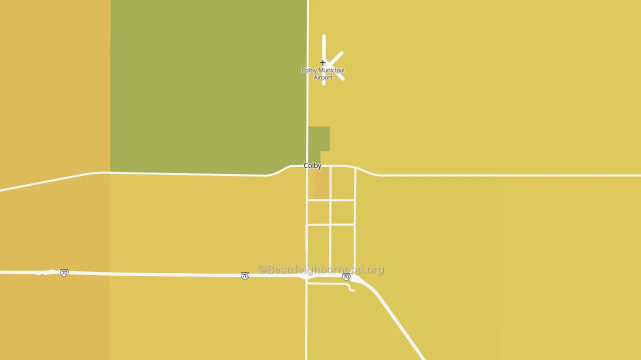 Map of the best neighborhoods in the Colby area, with better matches in green and worse matches in red