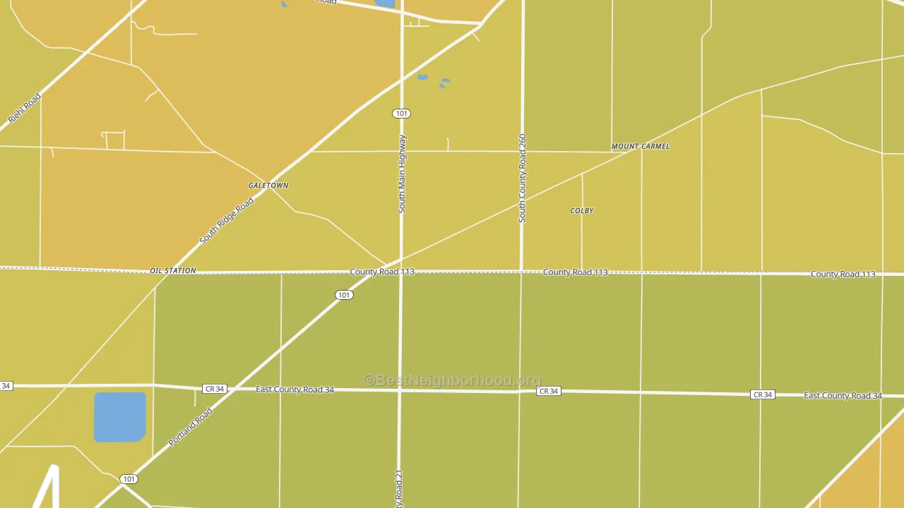 Map of the best neighborhoods in the Colby area, with better matches in green and worse matches in red