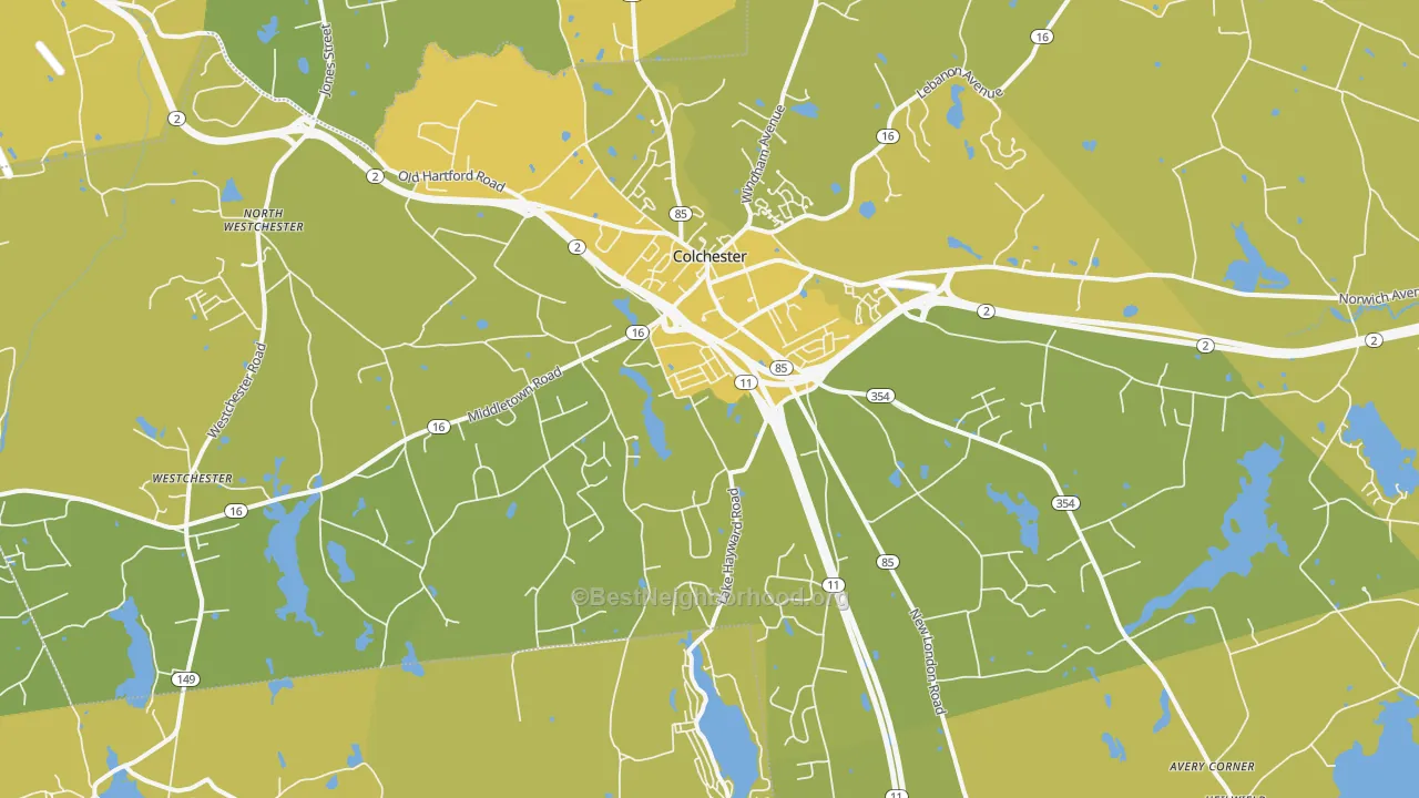 Map of the best neighborhoods in the Colchester area, with better matches in green and worse matches in red