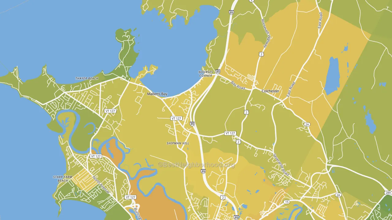 Map of the best neighborhoods in the Colchester area, with better matches in green and worse matches in red