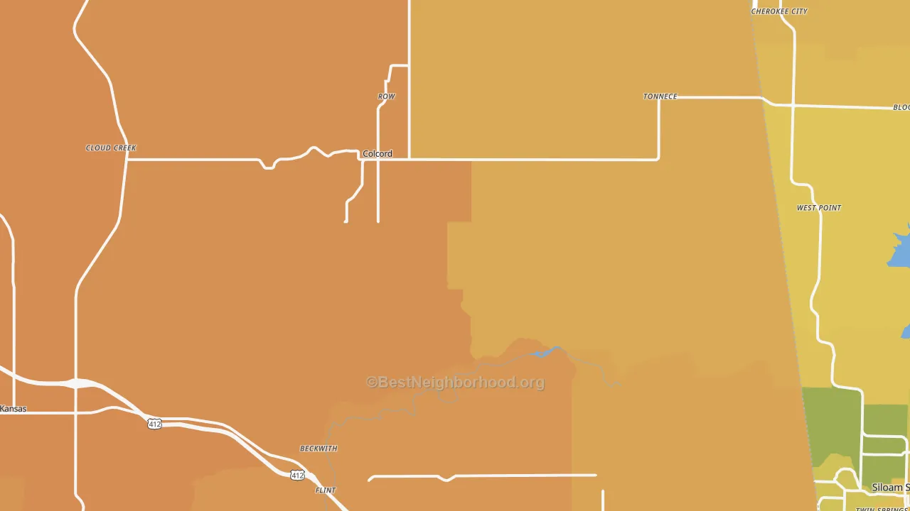 Map of the best neighborhoods in the Colcord area, with better matches in green and worse matches in red