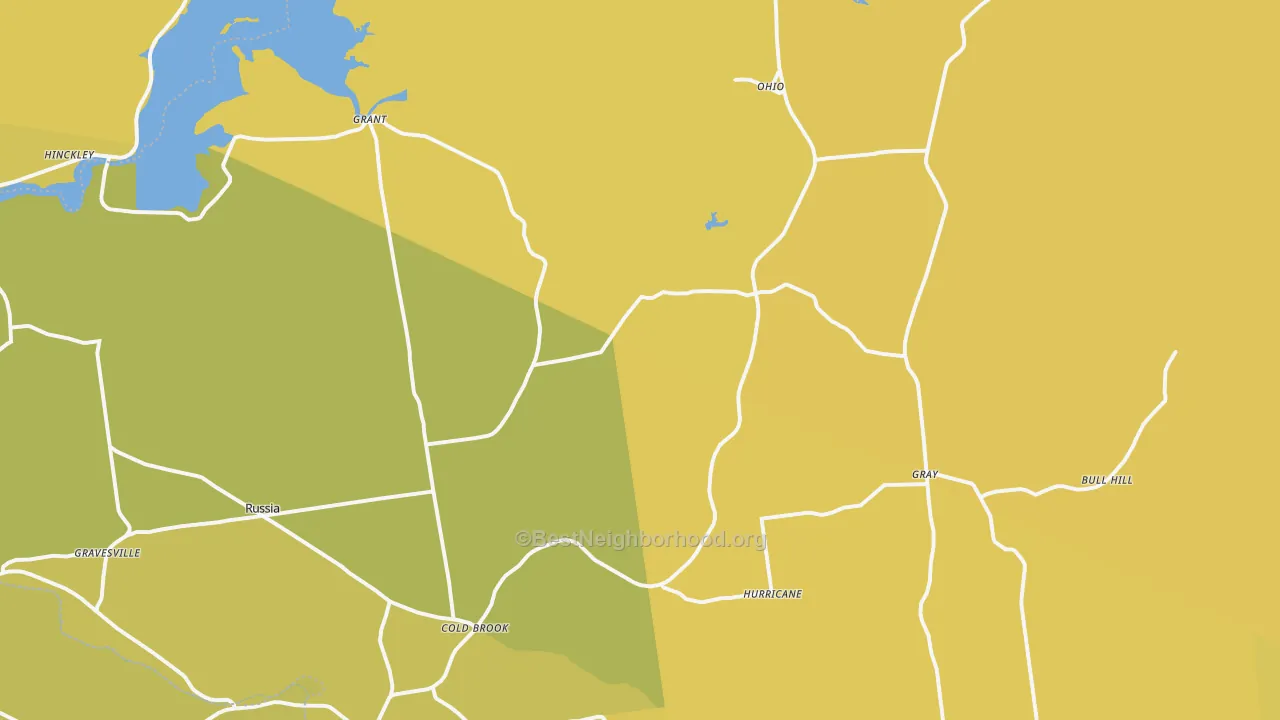 Map of the best neighborhoods in the Cold Brook area, with better matches in green and worse matches in red