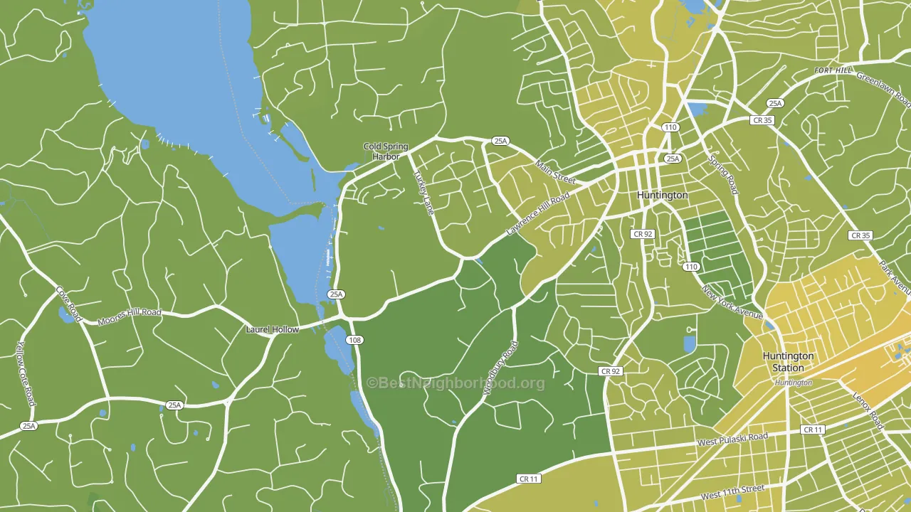 Map of the best neighborhoods in the Cold Spring Harbor area, with better matches in green and worse matches in red