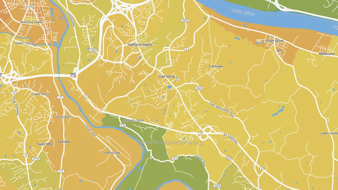 Map of the best neighborhoods in the Cold Spring area, with better matches in green and worse matches in red