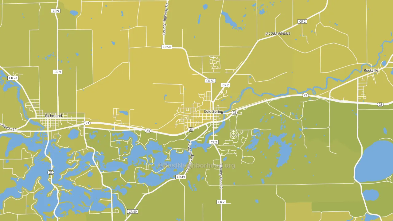 Map of the best neighborhoods in the Cold Spring area, with better matches in green and worse matches in red