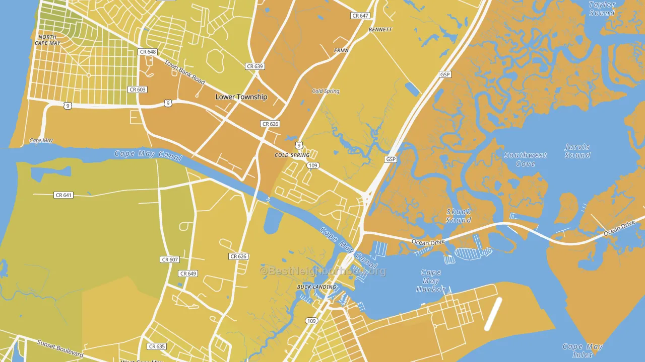 Map of the best neighborhoods in the Cold Spring area, with better matches in green and worse matches in red