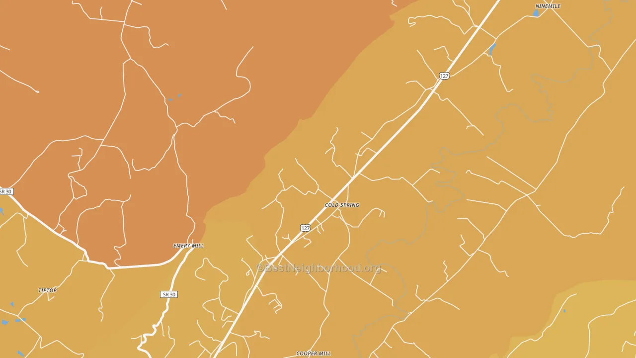 Map of the best neighborhoods in the Cold Spring area, with better matches in green and worse matches in red