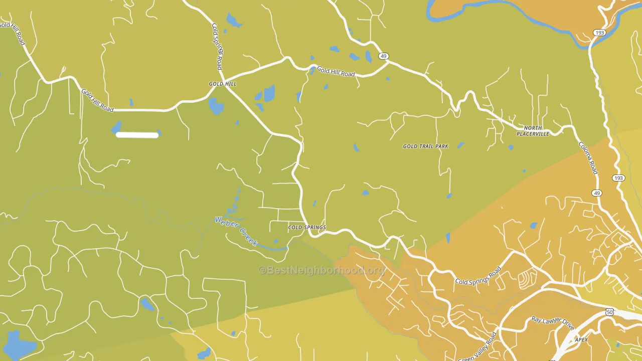 Map of the best neighborhoods in the Cold Springs area, with better matches in green and worse matches in red