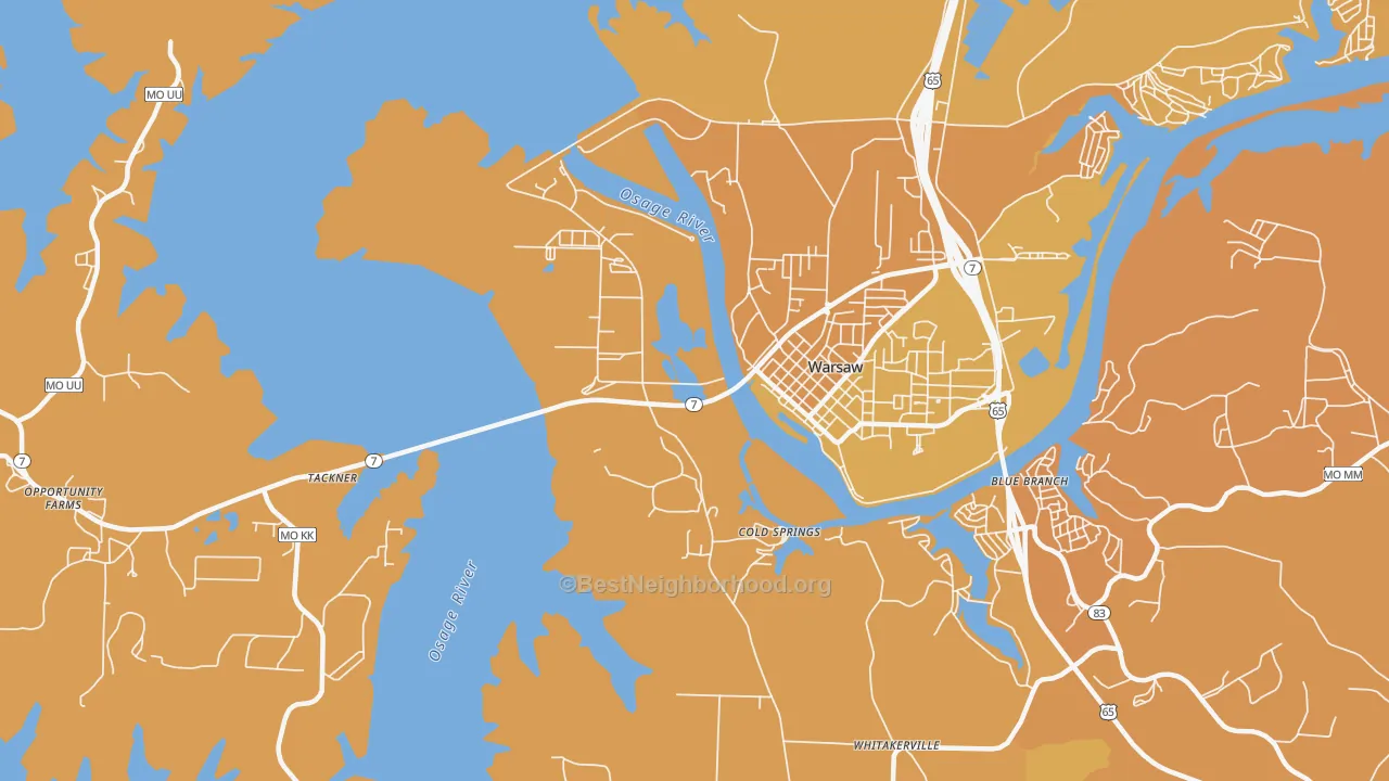 Map of the best neighborhoods in the Cold Springs area, with better matches in green and worse matches in red