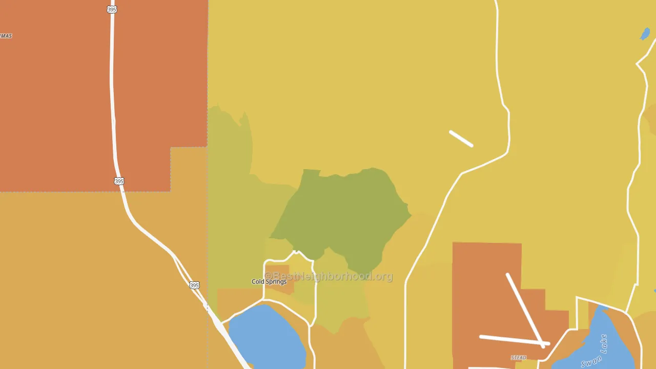 Map of the best neighborhoods in the Cold Springs area, with better matches in green and worse matches in red
