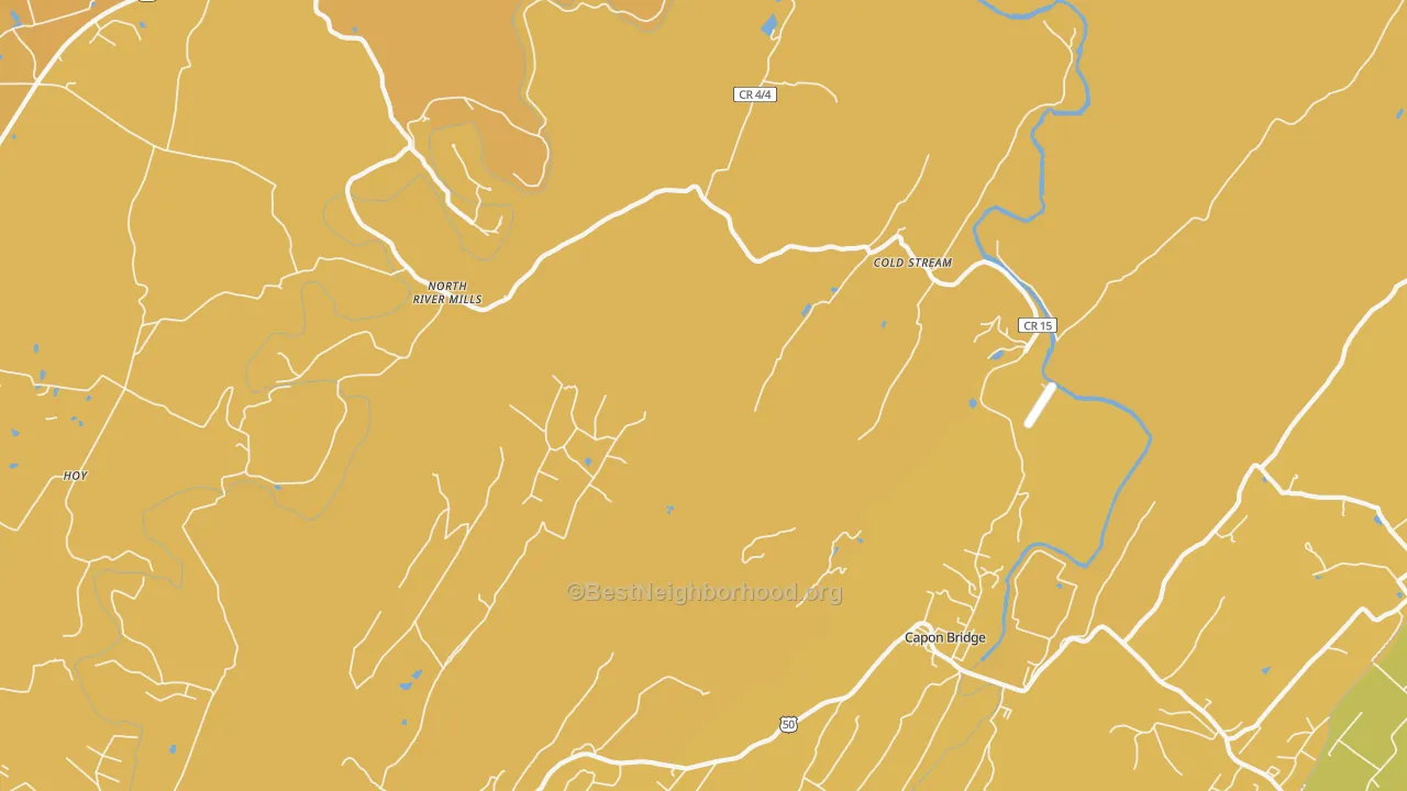 Map of the best neighborhoods in the Cold Stream area, with better matches in green and worse matches in red