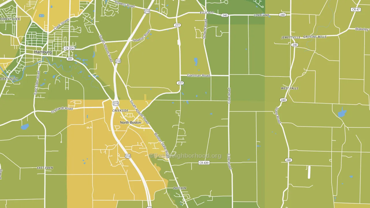 Map of the best neighborhoods in the Colden area, with better matches in green and worse matches in red
