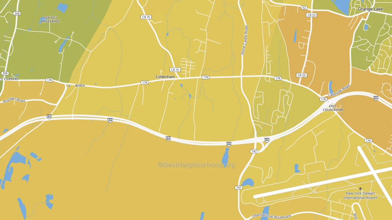 Map of the best neighborhoods in the Coldenham area, with better matches in green and worse matches in red