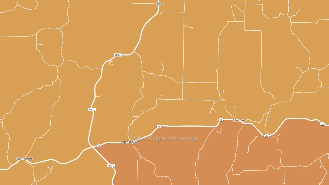 Map of the best neighborhoods in the Coldspring area, with better matches in green and worse matches in red