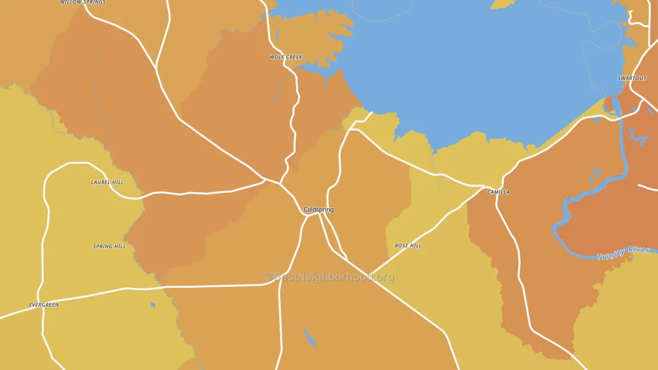 Map of the best neighborhoods in the Coldspring area, with better matches in green and worse matches in red