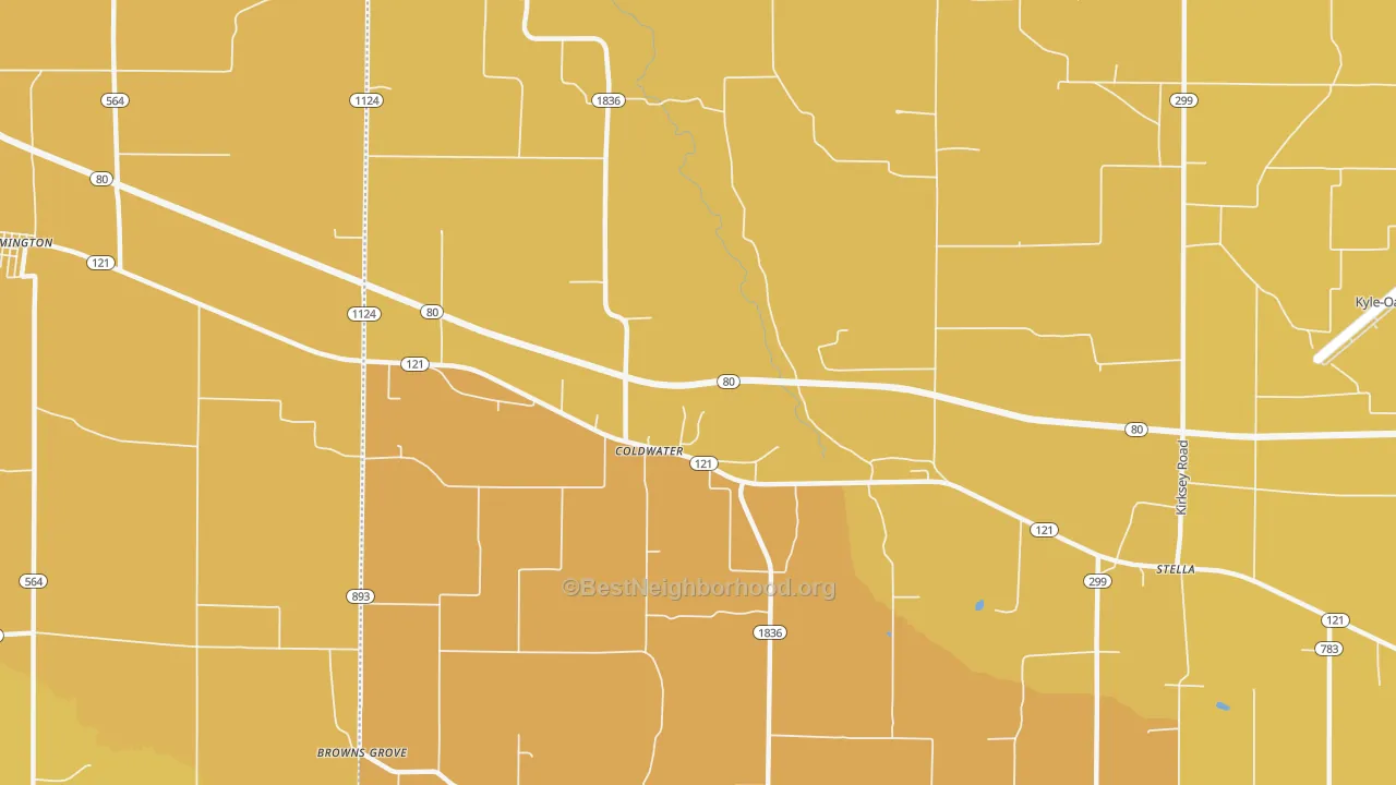 Map of the best neighborhoods in the Coldwater area, with better matches in green and worse matches in red