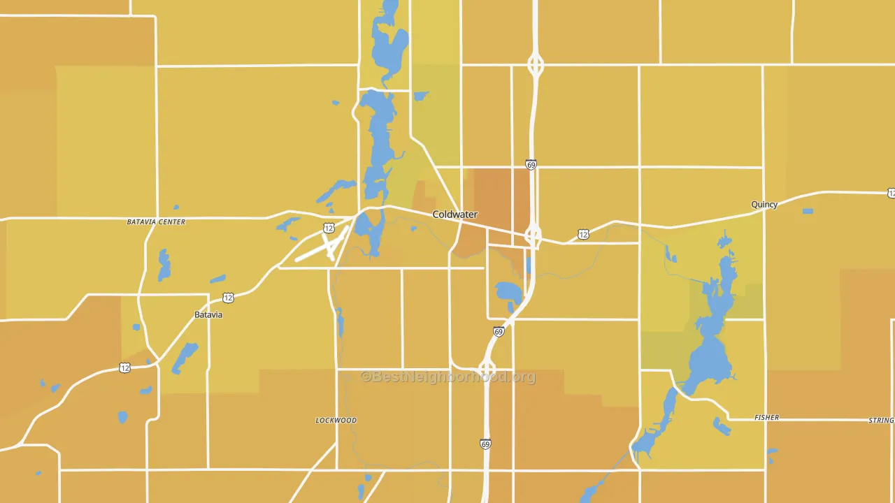 Map of the best neighborhoods in the Coldwater area, with better matches in green and worse matches in red
