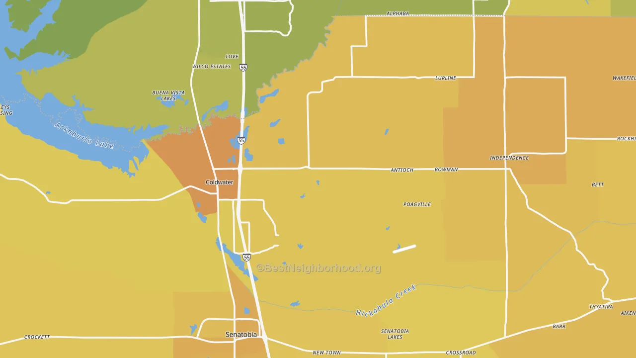 Map of the best neighborhoods in the Coldwater area, with better matches in green and worse matches in red