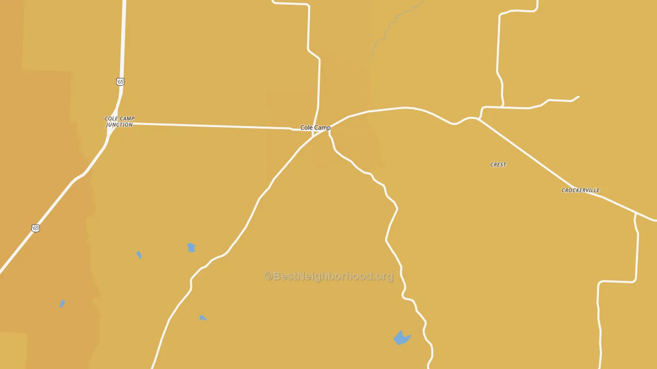 Map of the best neighborhoods in the Cole Camp area, with better matches in green and worse matches in red