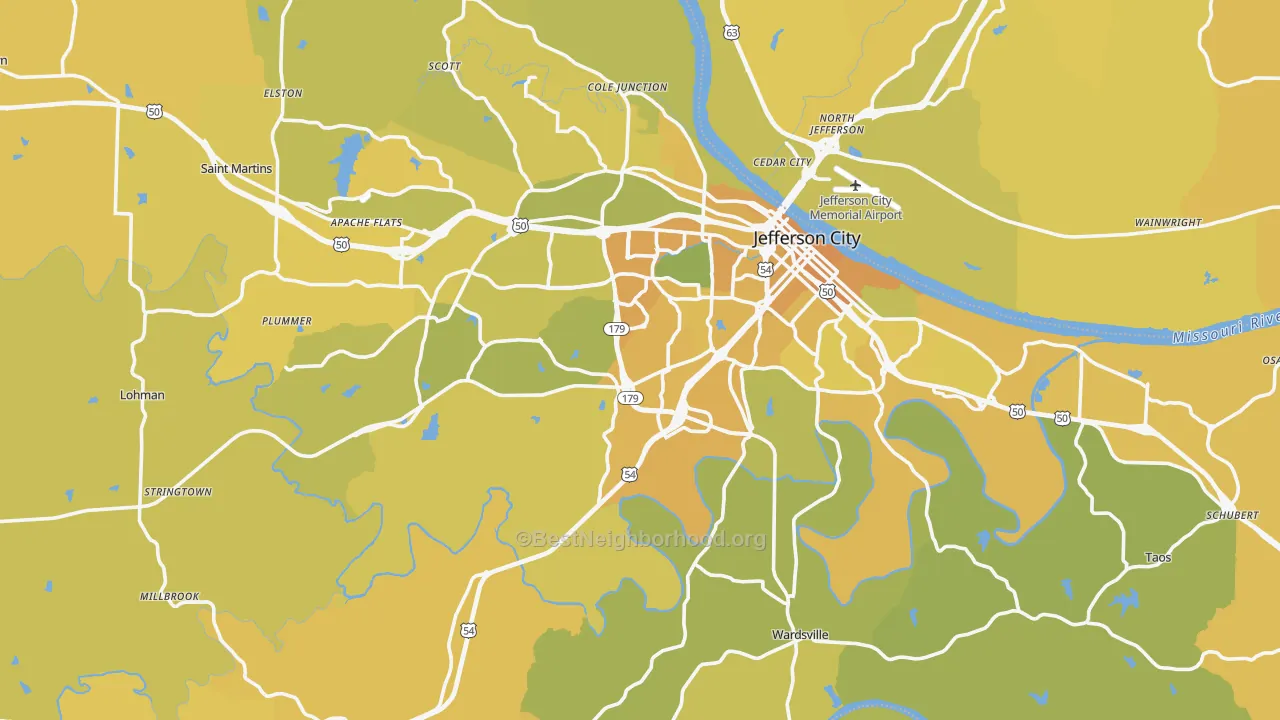 Map of the best neighborhoods in the Cole County area, with better matches in green and worse matches in red