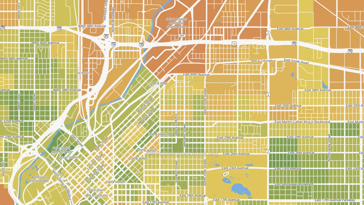 Map of the best neighborhoods in the Cole, Denver area, with better matches in green and worse matches in red