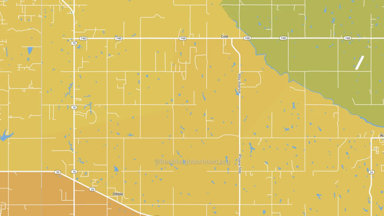 Map of the best neighborhoods in the Cole area, with better matches in green and worse matches in red