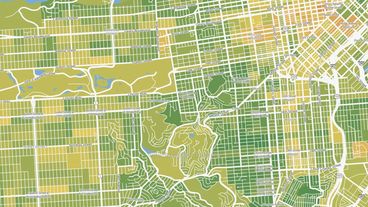 Map of the best neighborhoods in the Cole Valley, San Francisco area, with better matches in green and worse matches in red