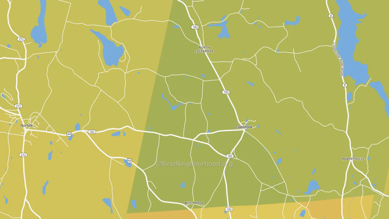 Map of the best neighborhoods in the Colebrook area, with better matches in green and worse matches in red