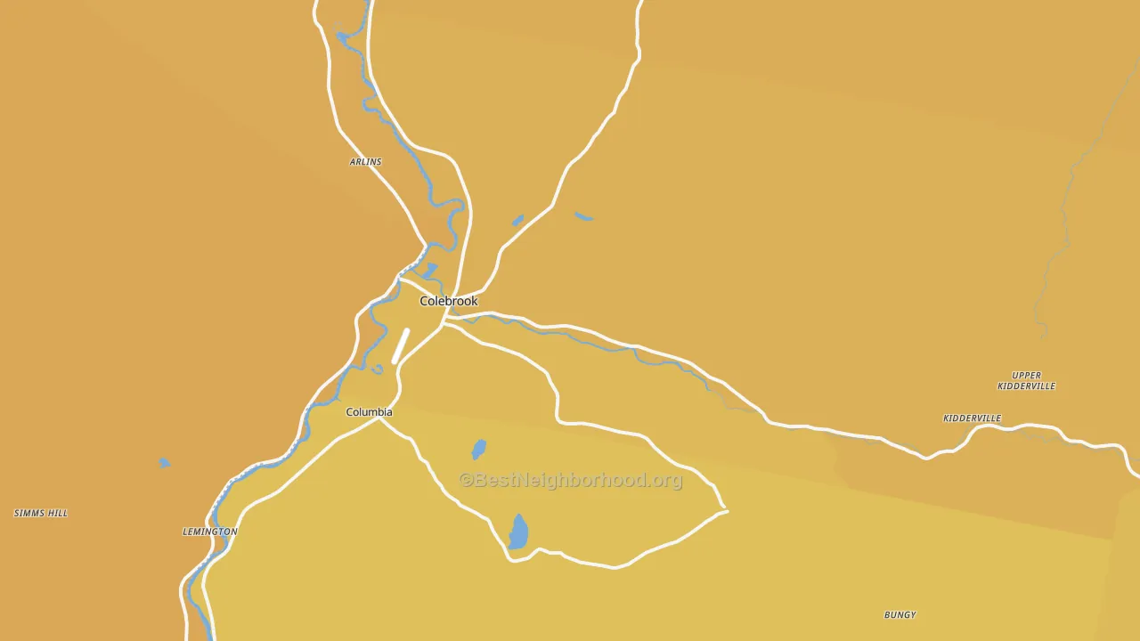 Map of the best neighborhoods in the Colebrook area, with better matches in green and worse matches in red