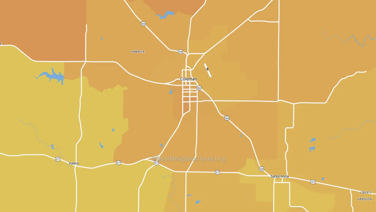Map of the best neighborhoods in the Coleman County area, with better matches in green and worse matches in red